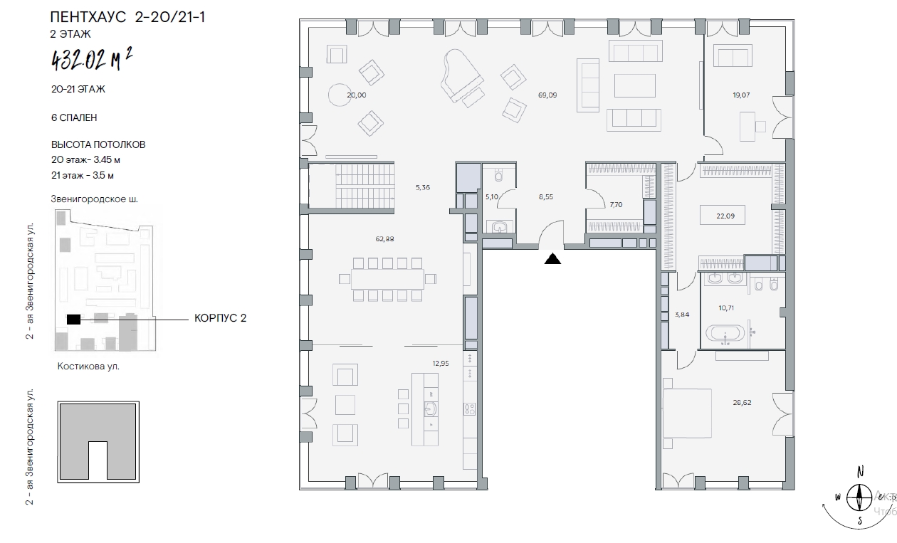 Двухуровневый пентхаус в ЖК «Lucky» («Лаки»), ул. 2-я Звенигородская, 12, 432 кв. м, 2-20/21-1