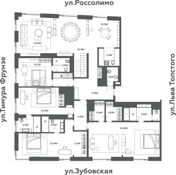 Пентхаус с террасой в ЖК «Roza Rossa», Зубовская ул., д. 7, стр. 1, 309.25 кв.м. 